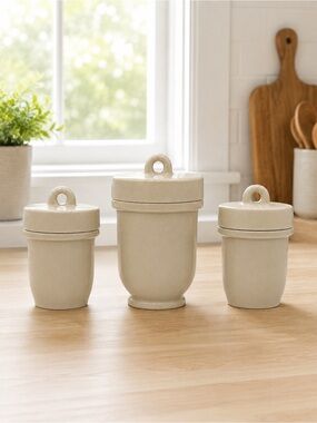 Vintage Egg Coddler Ceramic Cream-Colored w/ Twist Top Lids Set Made in England